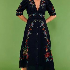 Farm Rio Black Cross Stitch V-neck dress NWT size L